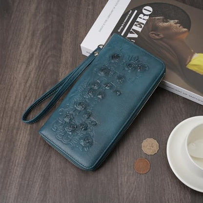MEITRUE Womens Wallet Large Capacity Phone Clutch Purse RFID Floral Embossed Vegan Leather Travel Wallet with Wristlet Peacock Blue - color: 03-peacock Blue