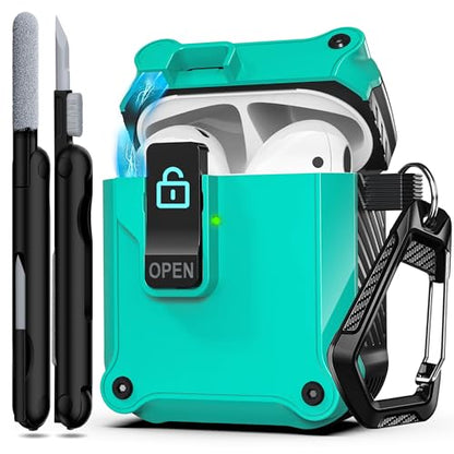 AirPods 2 Case with Lock Magnetic Lid, Black Teal | Compatible with Apple AirPods 2(2019) and AirPods(2016) Case with Cleaner Kit & Keychain, Powerful Drop Protection - color: X-Black Teal, size: AirPods 2 Case