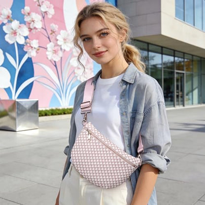 Woven Crossbody Bag for Women Stylish Leather Bum Bag Sling Purses Chest bag for Travel Festival - color: Pink-White