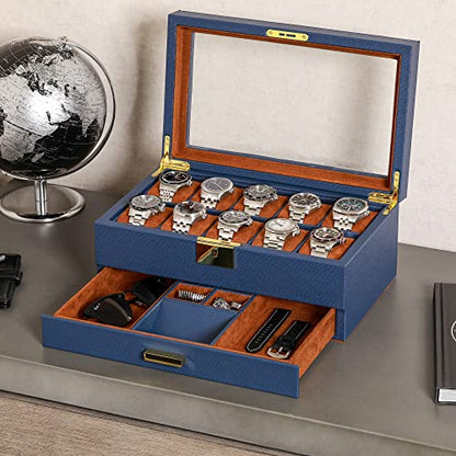 ROTHWELL 10-Slot Watch Box in Leather with Valet Drawer, Luxury Watch Case Display Organizer with Ultra Soft Microsuede Liner, Jewelry and Sunglass Holder With Large Glass top (Blue/Tan) - color: Blue/Tan