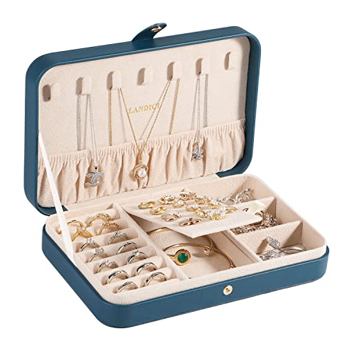 LANDICI Small Jewelry Box for Women Girls, PU Leather Travel Jewelry Organizer Case, Jewellery Storage Holder Display for Ring Earrings Necklace Bracelet Bangle Watch Men Kids Gift, Bluish Green - color: Bluish Green