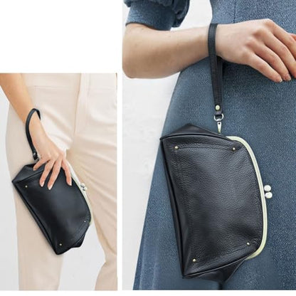 CONTACTS Full Grain Leather Kiss Lock Clutch Purse for Women Evening Clutch Bag Kiss Clasp Handbag - color: Black