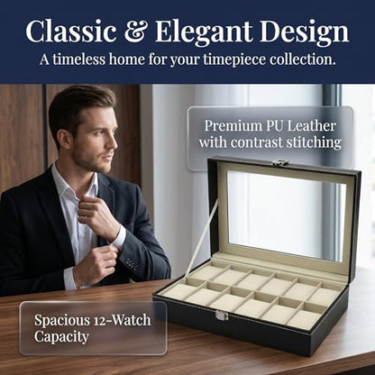 12 Slot Leather Watch Box Display Case Organizer with Framed Glass Lid Elegant Contrast and Removable Pillow for Men and Women Watch and Jewelry Large Holder Boxes
