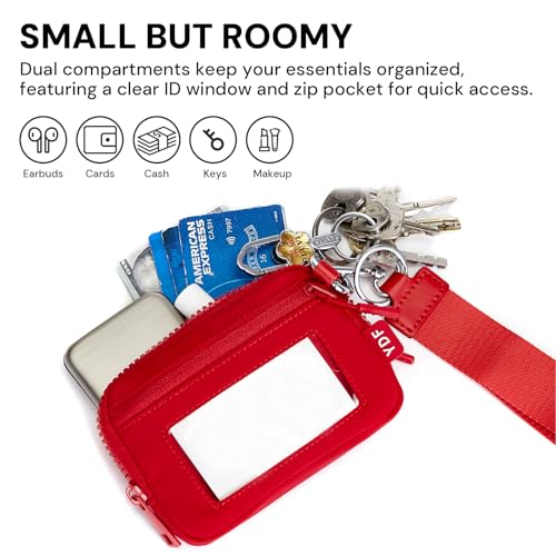 Small Wristlet Wallets for Women with Clear ID Window, Keychain Coin Purse | Organized Interior with 3 Card Slots, Inner Mesh Pouch, Lipstick Holder, Metal Key Ring and Detachable Wrist Strap - color: Red
