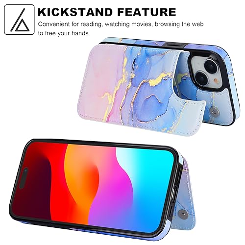 HAOPINSH for iPhone 15 Wallet Case with Card Holder, Pink Blue Marble Pattern Back Flip Folio PU Leather Kickstand Card Slots Case for Women Girls, Double Magnetic Clasp Shockproof Cover 6.1" - color: Pink Blue Marble