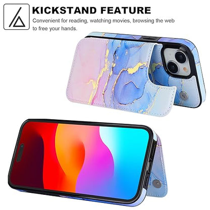 HAOPINSH for iPhone 15 Wallet Case with Card Holder, Pink Blue Marble Pattern Back Flip Folio PU Leather Kickstand Card Slots Case for Women Girls, Double Magnetic Clasp Shockproof Cover 6.1" - color: Pink Blue Marble