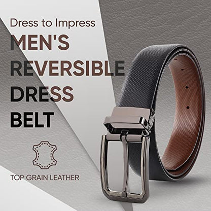 Prospero Comfort Men's Reversible Classic Dress Belt Italian Top Grain Leather Black & Brown Rotating Buckle - color: Beehive Design Chrome Buckle, size: Size 42