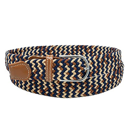 Funky Junque Men's Braided Stretch Belt, Golf Elastic Rope | Braided polyester men's belt with genuine leather end piece for golf, office, hiking, biking & fishing - color: Navy/Brown/Cream Mix, size: Large (Pant Size 33"-36")