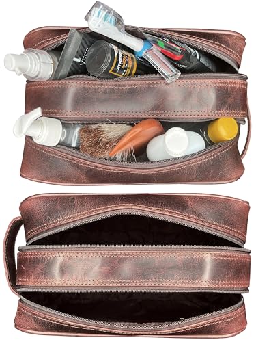 RUSTIC TOWN Leather Toiletry Bag for Men - Travel Shaving Ditty Kit - Bathroom Shower Toiletries Organizer - Leather Cosmetic Bag for Women (Walnut Brown) - color: Walnut Brown