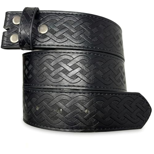 Leather Belt Strap with Embossed Celtic Knot Weave Pattern 1.5" Wide | With Snaps and Without Buckle - color: Black, size: Small (28-30" Waist)