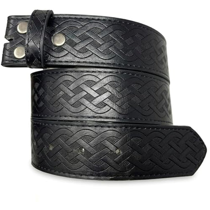 Leather Belt Strap with Embossed Celtic Knot Weave Pattern 1.5" Wide | With Snaps and Without Buckle - color: Black, size: Small (28-30" Waist)