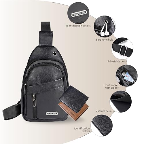Sling Bag Set, PU Leather Sling Bag, Multi-Zipper Design for Travel, Outdoors, Valentine’s Day Gifts - color: Black