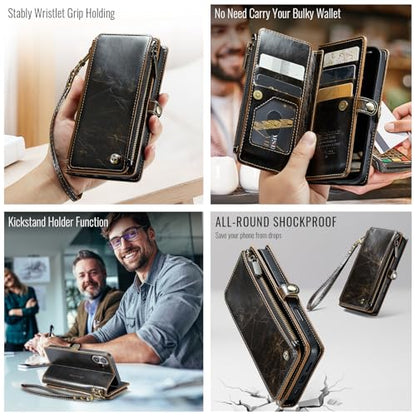 Defencase for iPhone 16 Wallet Case with RFID Blocking Card Holder, Coffee | Durable Soft PU Leather, with Zipper Pocket, Wrist Strap, Fashion Snap Flip Phone Cases Cover with Stand for Women and Men - color: Coffee