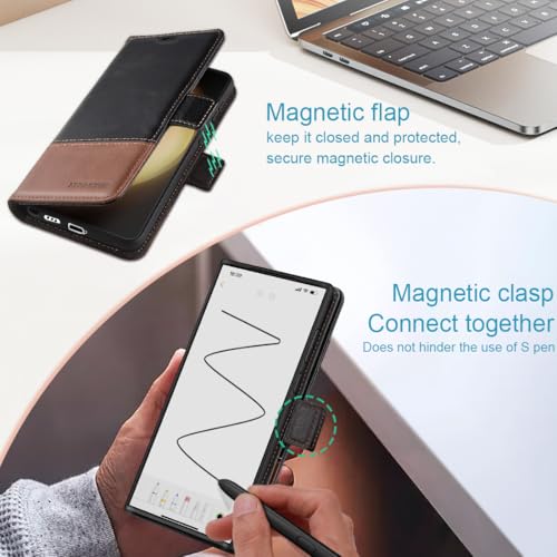 KEZiHOME Genuine Leather Wallet Case for Samsung Galaxy S26 Ultra | Black/Brown, RFID Blocking Card Holder, Kickstand, Magnetic Protective Phone Folio Cover, Compatible with S26 Ultra - color: Black/Brown, size: Galaxy S26 Ultra Case