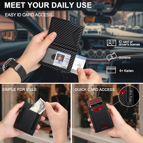 Wallet for Men Wallet with Slim Pop Up Card Holder 9-13 Cards, Bifold Minimalist Smart Wallet RFID Blocking Credit Card Holder with ID Window & Stretchable Cash Slot Compact Metal Aluminum Card Case - color: Matt Carbon Fiber