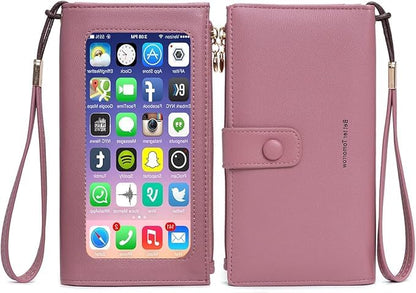 myfriday Touch Screen RFID Phone Crossbody Purse with 2 Straps for Women | Clear phone window, RFID card space, 11 slots and zip pockets support quick calls, errands, theme parks and travel - color: B-pink