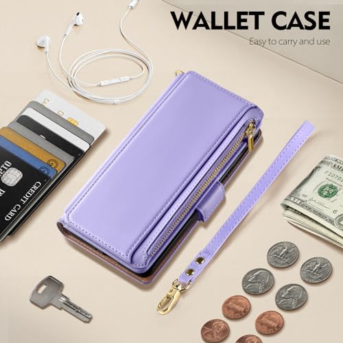 Antsturdy for iPhone 15 Pro Phone Wallet Case Women,Lightpurple | RFID Blocking,with Credit Card Holder Slots,PU Leather Purse,Zipper Pocket,Wrist Strap Kickstand,Flip Folio Cover for Men - color: Light Purple