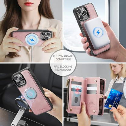 Defencase for iPhone 14 Pro Max Case Wallet Compatible with Magsafe, Pink | Drop-Proof Magnetic Detachable Phone Cases Cover, with RFID Bolcking Card Holder, Zipper Strap, PU Leather, Removable Wallet - color: (Detachable with Magsafe)-Pink