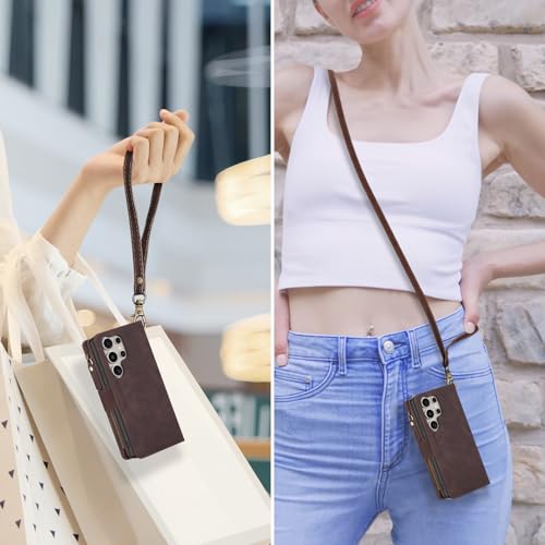 for Samsung Galaxy S24-Ultra-Wallet Case: with RFID Blocking Card Slots (6 Cards) | Soft PU Leather Magnetic Snap Zipper Pocket | Crossbody Wrist Strap Protective Phone Cover - Coffee - color: Coffee, size: Galaxy S24 Ultra（6.8‘’）