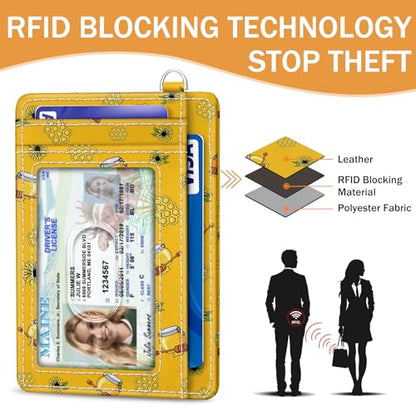Yonlevres Bee Credit Card Holder Slim RFID Wallet Women Small Travel Cute | Front Pocket, Handy, RFID Blocking, Woman Girls Ladies Gifts, D-ring for Keychain,Thin Mini Card Case, ID Window, PU Leather - color: Bee