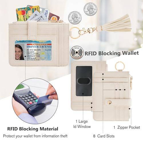KNGITRYI Wristlet Wallet for Women,RFID Keychain Wallet with Beaded Strap | 8 Card Slots,ID Window,Zipper Pocket,Leather Tassel,Compact Design - color: Beige