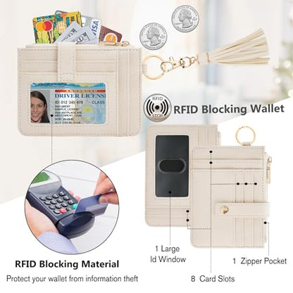 KNGITRYI Wristlet Wallet for Women,RFID Keychain Wallet with Beaded Strap | 8 Card Slots,ID Window,Zipper Pocket,Leather Tassel,Compact Design - color: Beige