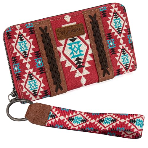 Wrangler Wallet Purse for Women Western Aztec Clutch Wristlet Wallet with Credit Card Holder - color: Burgundy