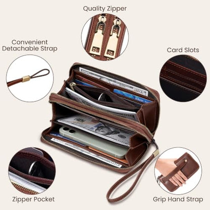 Tipmile Wristlet Wallet Women, RFID Blocking Card Holder Clutch Purse | Large Capacity, Grip Hand & Detachable Wrist Strap, Dual-Zipper, Ladies Gift, Brown - color: Brown