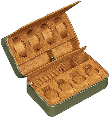 ROTHWELL 8 Watch Travel Case Storage Organizer for 8 Watches, Sunglasses, Rings & Cufflinks |Tough Portable Protection with Zipper Fits Most Wristwatches & Smart Watches Up to 50mm (Green/Tan) - color: Green/Tan