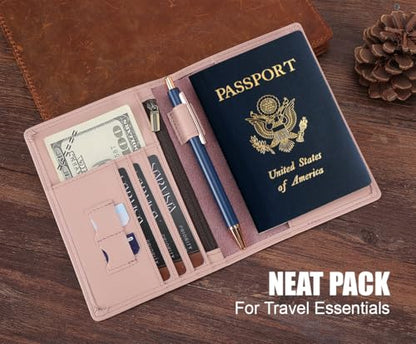 STAR VISTA Phoenix Leather Passport Holder, Calfskin Travel Wallet - RFID Blocking, ID Window, Zipper Pocket, Pen & Notebook Included, Pale Pink - color: Pink B