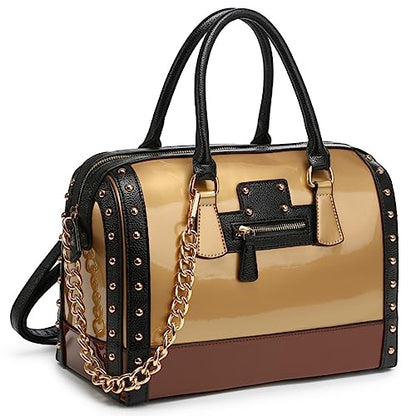 Dasein Women's Barrel Bag Shiny Patent Faux Leather Handbag with Rivet Decoration Top Handle Satchel Shoulder Purse - color: Larger Gold