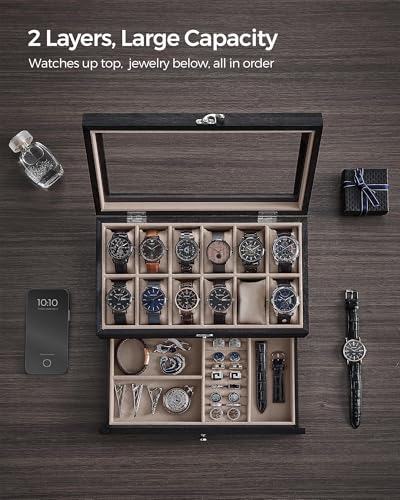 SONGMICS 12-Slot Watch Box, 2-Tier Watch Display Case with Large Glass Lid, Removable Pillows, Velvet Lining, Jewelry Box, Gift Idea, Ebony Black UJOW012B01 - color: Ebony Black, size: 2 Layer 12 Slot