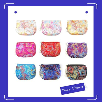 Handmade Jewelry Pouch Women Coin Purse Brocade Zipper Wallet Silk Rosary Bag Flower Pattern - DarkBlue_Colorful - color: DarkBlue