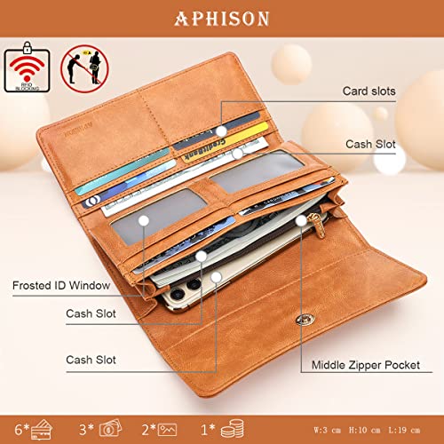APHISON Womens Wallets RFID Blocking Leather Clutch Long Wallet for Women Card Holder Phone Organizer Ladies Travel Purse Hollow Out Sunflower Design Gift - color: BROWN