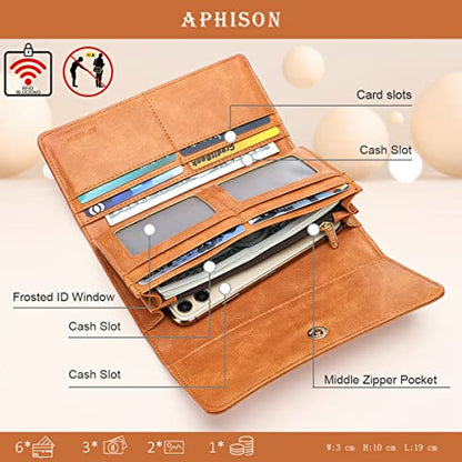 APHISON Womens Wallets RFID Blocking Leather Clutch Long Wallet for Women Card Holder Phone Organizer Ladies Travel Purse Hollow Out Sunflower Design Gift - color: BROWN