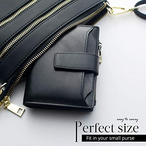 Bveyzi Small Leather Wallet for Women, RFID Bifold with ID Window | Holds 11 cards, a pull-out ID sleeve, zippered coin pocket & bill slot — fits crossbody bags and keeps everything organized - color: Black