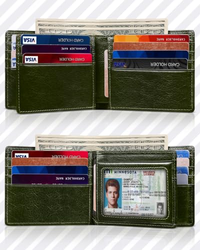 Artpaxy Mens Wallet Bifold Genuine Leather RFID Blocking Wallet for Men with 1 ID Window 15 Card Holders 2 cash pockets 1 Gift Box - color: Green