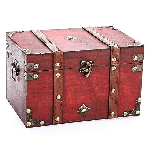 ELLDOO Vintage Treasure Chest, Pirate Keepsakes Box for Gifts, Wooden Storage Box Decorative for Jewelry Pearl Trinkets Tarot Cards, Large - size: Large