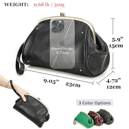 CONTACTS Full Grain Leather Kiss Lock Clutch Purse for Women Evening Clutch Bag Kiss Clasp Handbag - color: Black