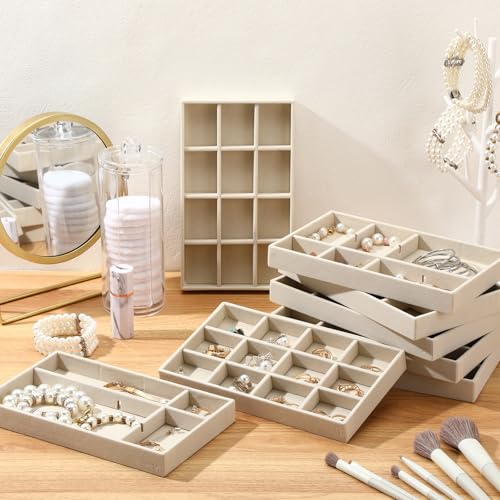 Highergo 8 Pcs Velvet Jewelry Trays Stackable Organizer,12 Grids,Beige | Ring Earring Bracelet Necklace Storage Display, Drawer Inserts for Organizing Jewelry, 8.3x4.7x1 Inch Compartment Tray - style: 12 Grids