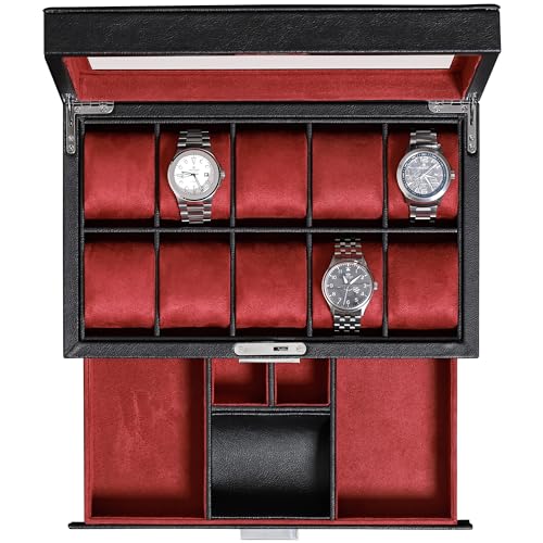 ROTHWELL 10-Slot Watch Box in Leather with Valet Drawer, Luxury Watch Case Display Organizer with Ultra Soft Microsuede Liner, Jewelry and Sunglass Holder With Large Glass top (Black/Red) - color: Black/Red