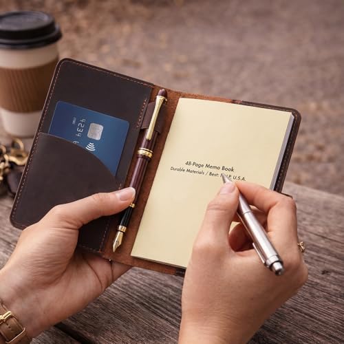 Eaasty Genuine Leather Journal Cover for 3.5 x 5.5 Inches Notebooks Compass Leather Notebook Back to School Slot/refillable Travel Pocket Notebook Handmade with Pen Holder for Travel Office Writing
