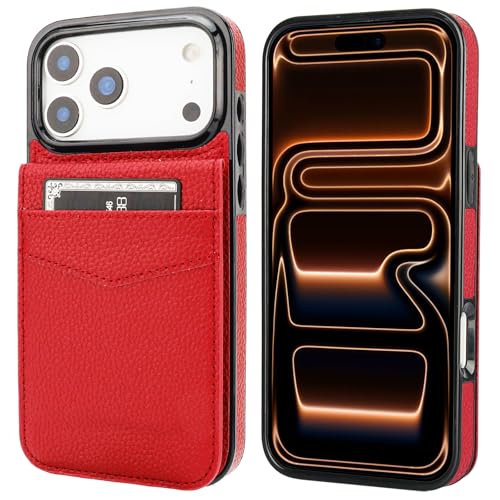 KIHUWEY for iPhone 17 Pro Max Wallet Case Card Holder Kickstand, Lichee Red | Credit Card Slots, PU Leather, Magnetic Clasp, Flip Heavy Duty Protection Cover for Men - color: Lichee Red