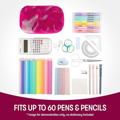 ZIPIT Wavy Pencil Case for Girls, Silicone Sensory Fidget Pencil Box, Pink | Playful box with tactile silicone fidget top, sturdy crack-proof shell, secure zipper, large capacity holds 60 pens & pencils - color: Pink Shapes