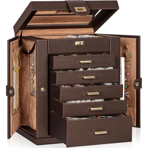 AKOZLIN 6-Tier Jewelry Box Organizer Functional 5 Drawers Leather Jewelry Storage Case for Women Girls Ring Necklace Earring Bracelet Holder Organizer with Mirror Brown 360° Rotating - color: Brown, size: S-Medium