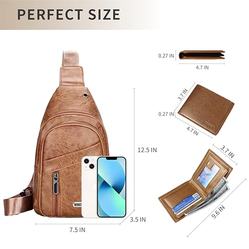 Sling Bag Set, PU Leather Sling Bag, Multi-Zipper Design for Travel, Outdoors, Valentine’s Day Gifts - color: Light Brown