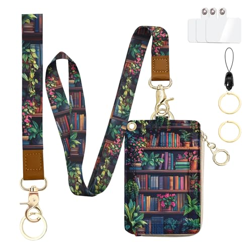 bolimoss Bookshelf Lanyard Wallet with Id Badge Holder Small Wristlet Keychain Wallet for Women RFID Cute Credit Card Holder with Breakaway Phone Wrist Neck Strap for Teacher Student Nurse Office - color: Flower Bookself