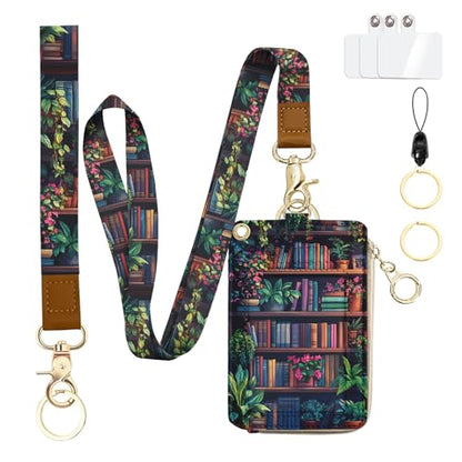 bolimoss Bookshelf Lanyard Wallet with Id Badge Holder Small Wristlet Keychain Wallet for Women RFID Cute Credit Card Holder with Breakaway Phone Wrist Neck Strap for Teacher Student Nurse Office - color: Flower Bookself