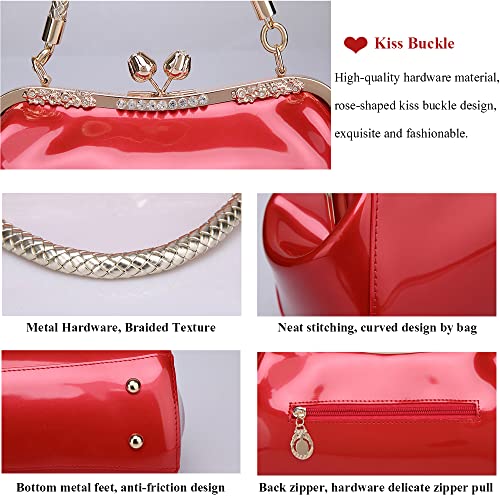 Glossy Patent Leather Evening Bag Women Braided Handle Kiss Lock Handbag - color: Pink