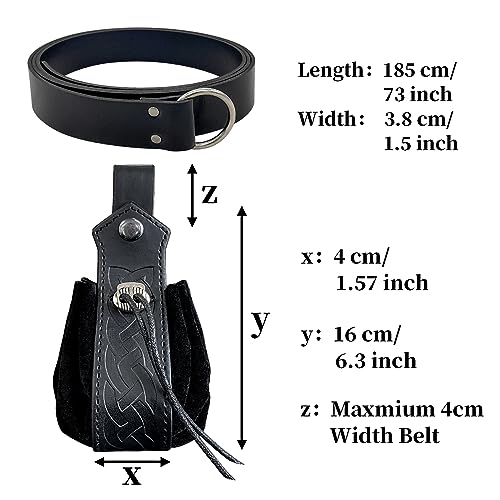 HiiFeuer Medieval O Ring Belt with Portable Drawstring Pouch, Retro Renaissance Faux Leather Belt and Purse Set for Ren Faire - color: Black C